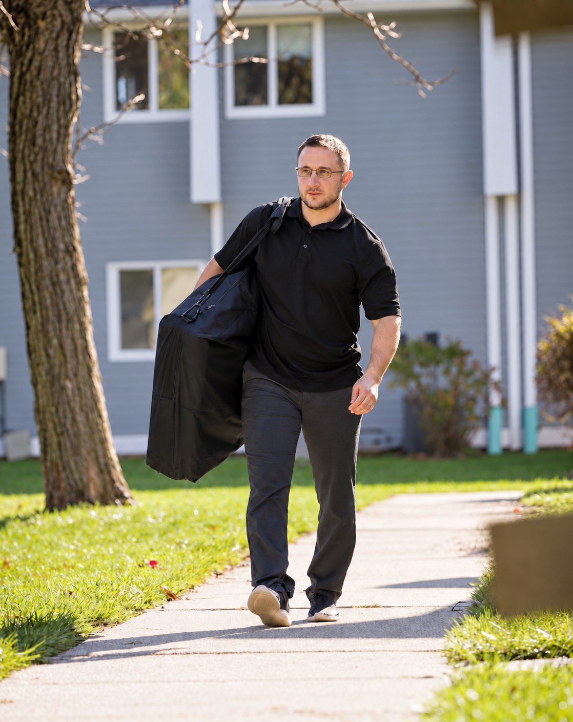 Dr. Lenny Klichinsky carrying equipment for an in-home visit