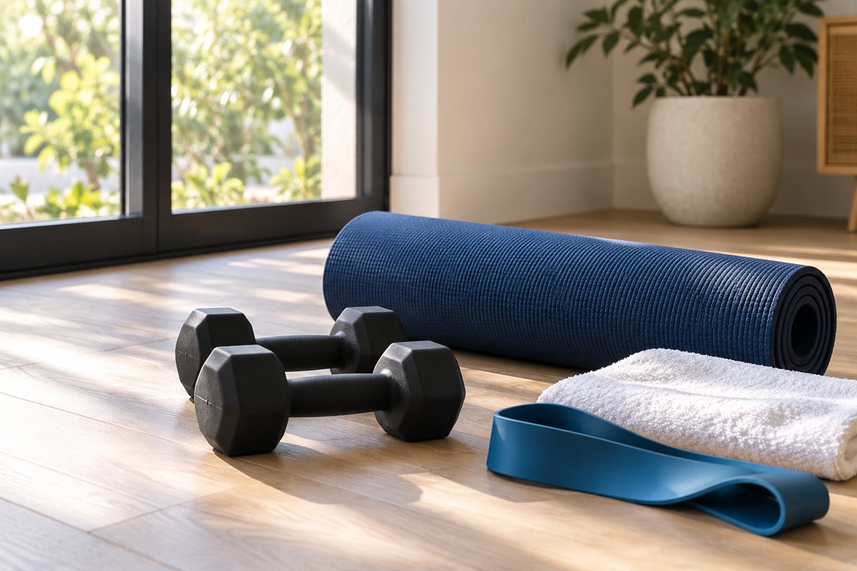 Dumbbells, a blue exercise mat and a resistance band in a calm home setting