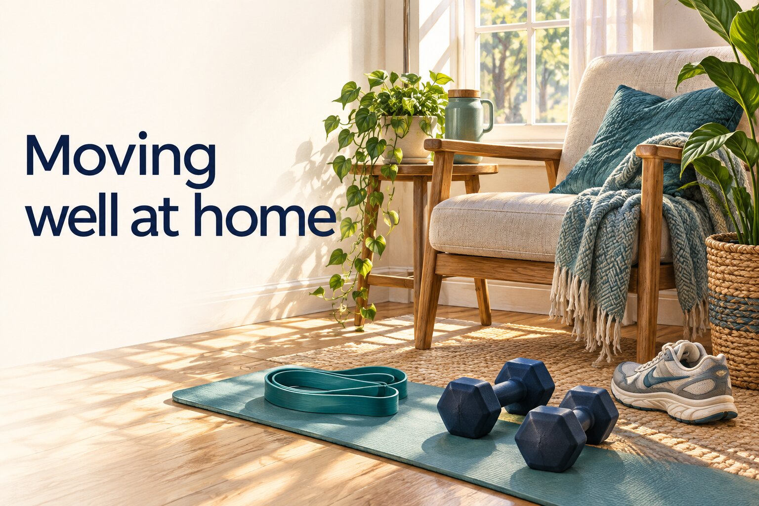 A warm, sunlit home exercise corner with a chair, resistance band, dumbbells and walking shoes