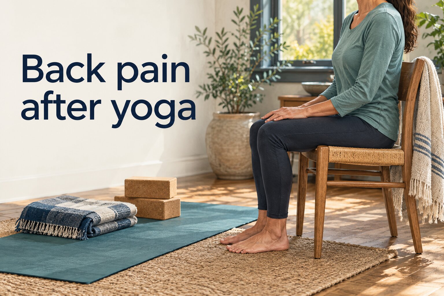 Editorial image of an adult resting on a chair beside a yoga mat and blocks, titled Back pain after yoga.