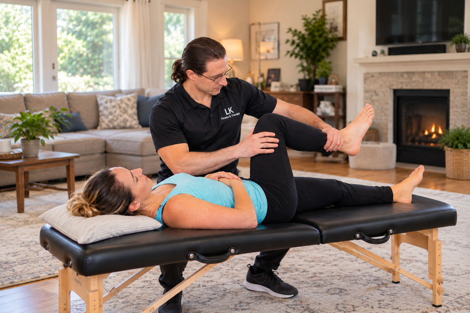 Dr. Lenny providing a hands-on hip and knee stretch during an at-home physical therapy visit