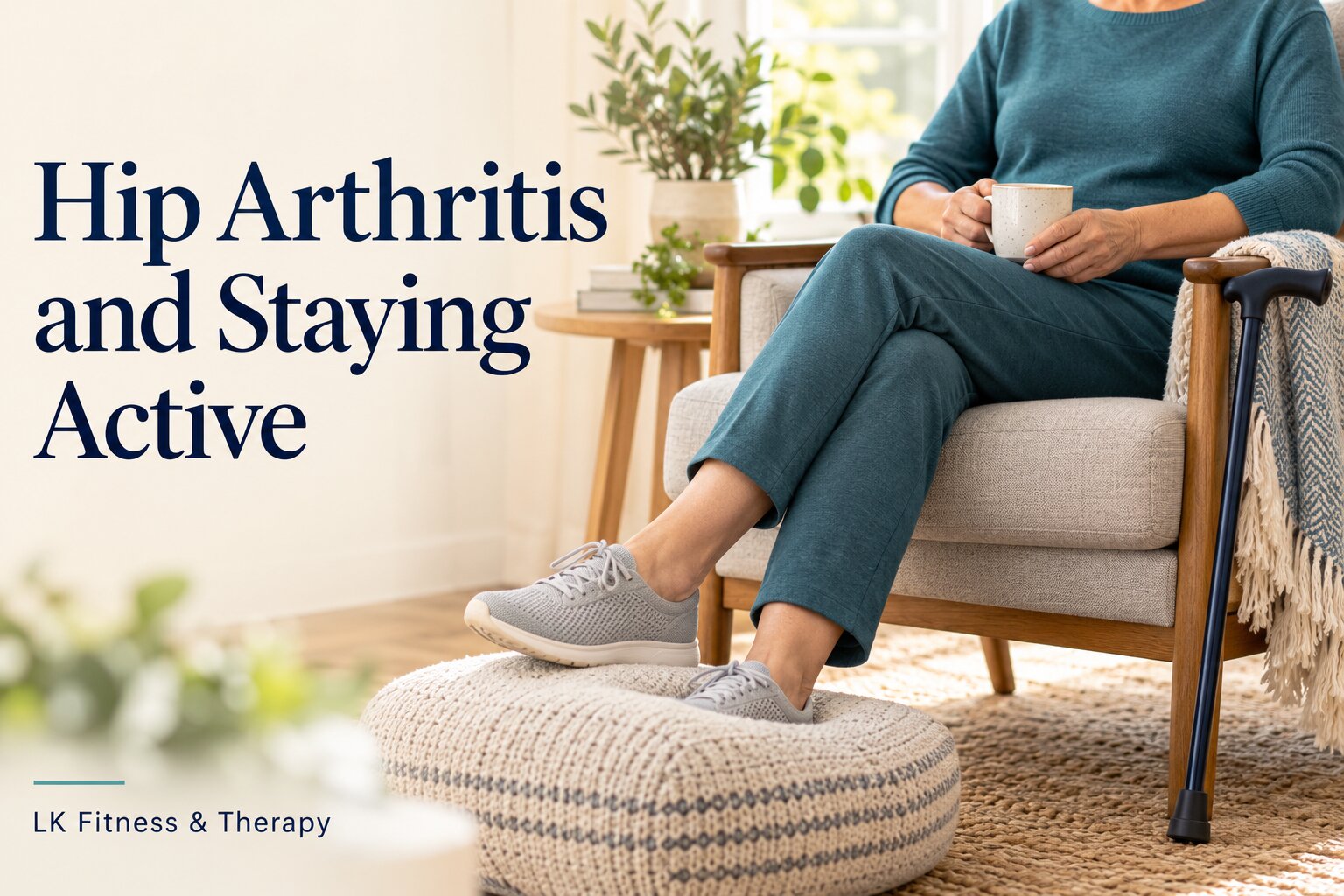 Illustration of an adult seated comfortably with a cane nearby, titled Hip Arthritis and Staying Active