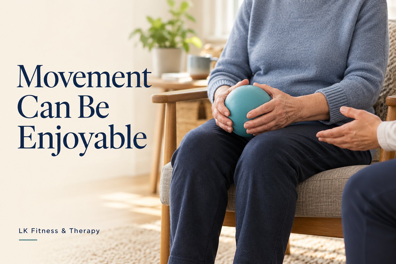 Illustration of seated ball activity with caregiver support, titled Movement Can Be Enjoyable