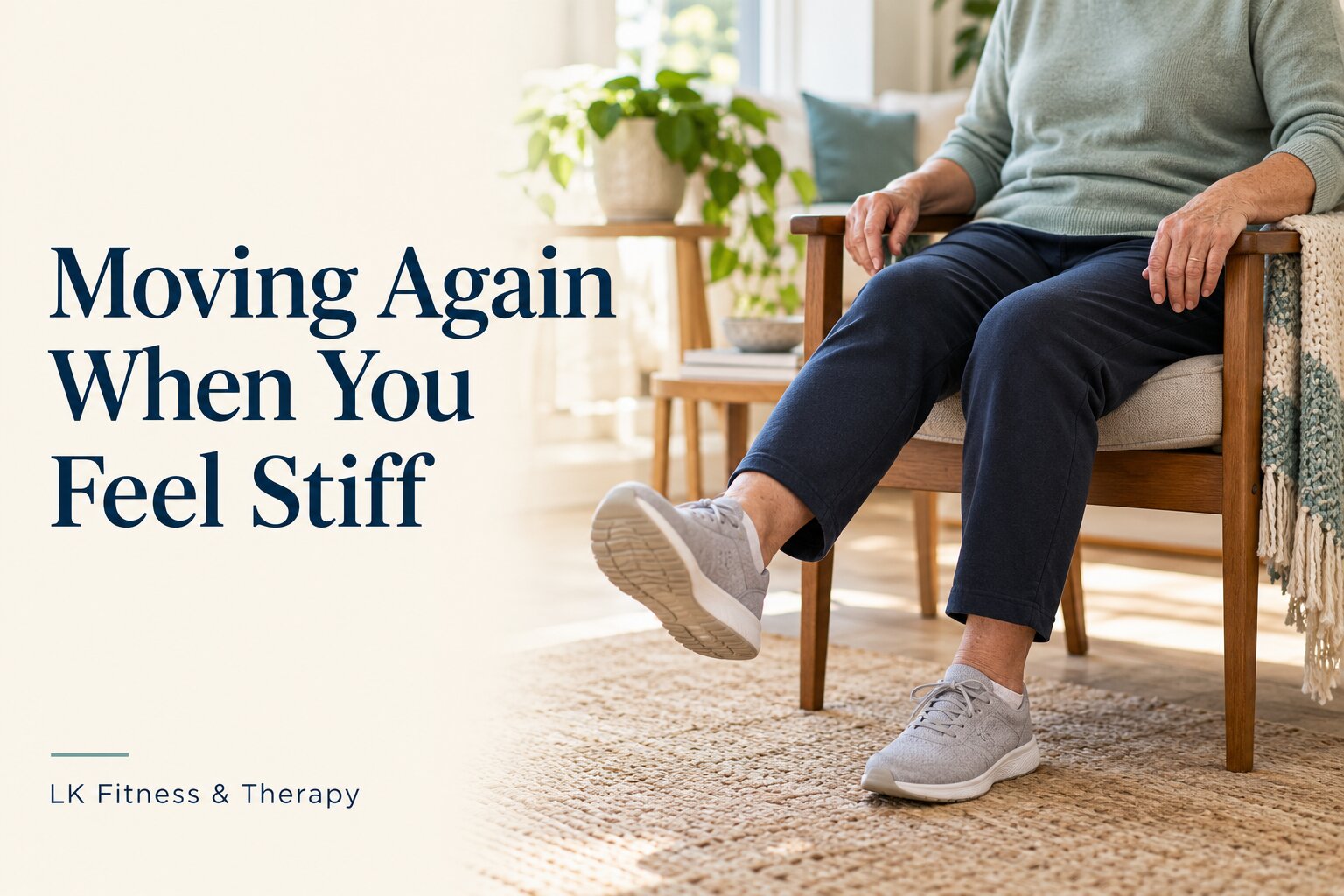 Illustration of supported seated knee movement, titled Moving Again When You Feel Stiff
