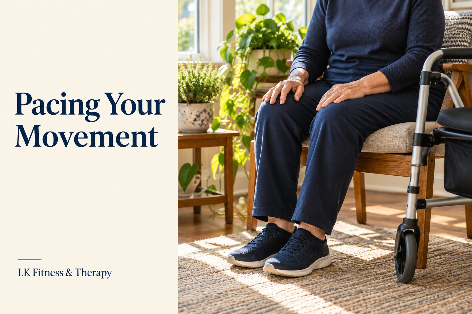 Illustration of a seated rest break with a walker nearby, titled Pacing Your Movement
