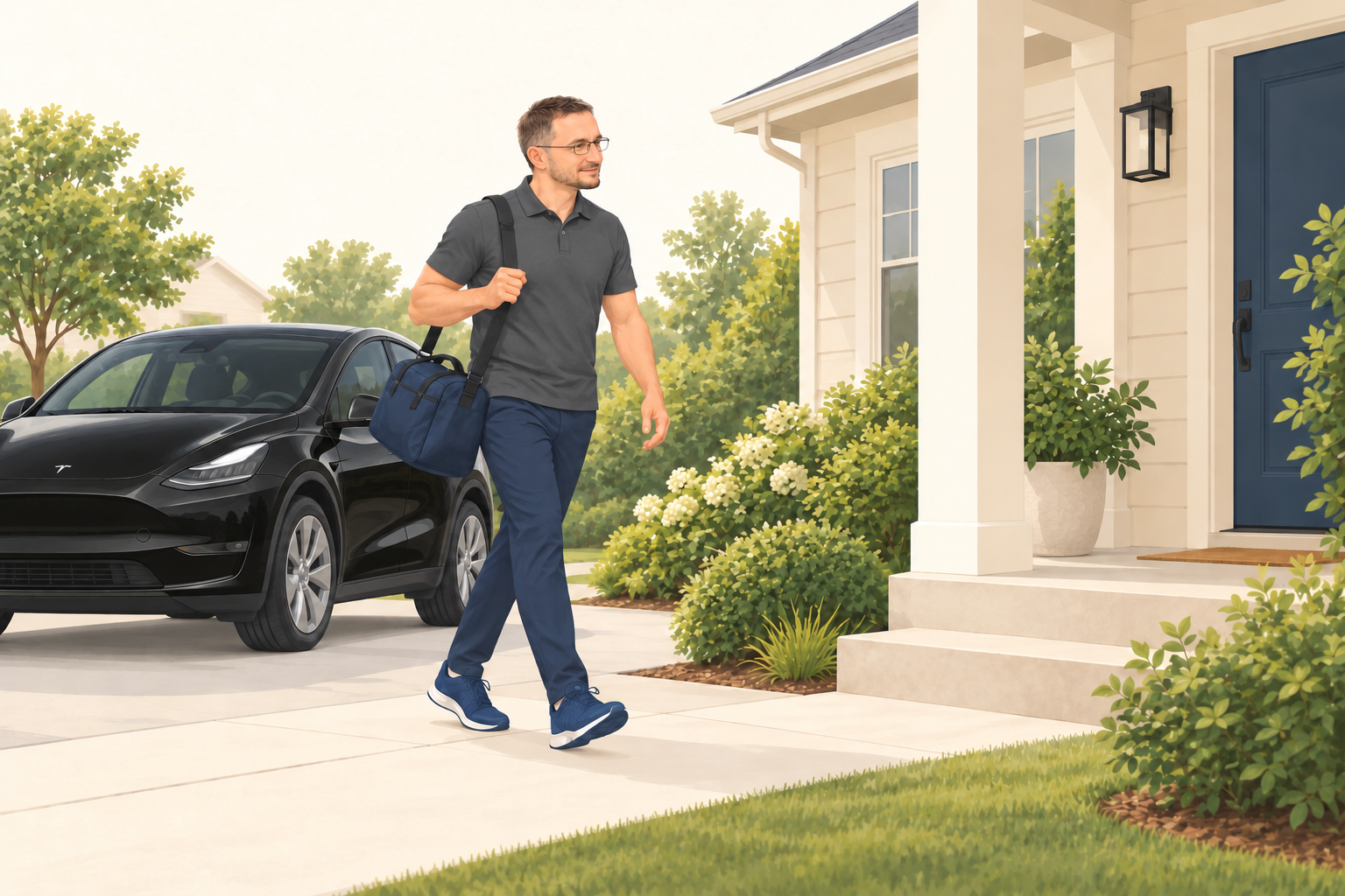 Illustration of Dr. Lenny in a gray polo and long pants arriving at a home beside a black Tesla Model Y