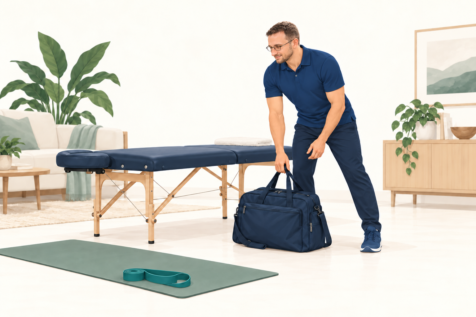 Illustration of Dr. Lenny setting up his portable treatment table and equipment for a home visit