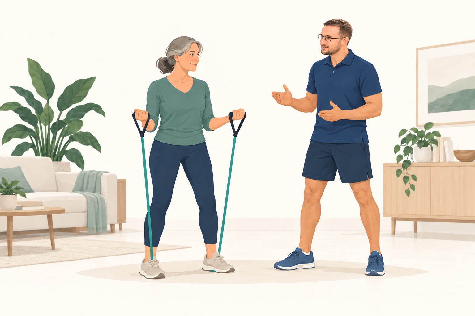Illustration representing one-on-one private fitness and wellness at home with Dr. Lenny