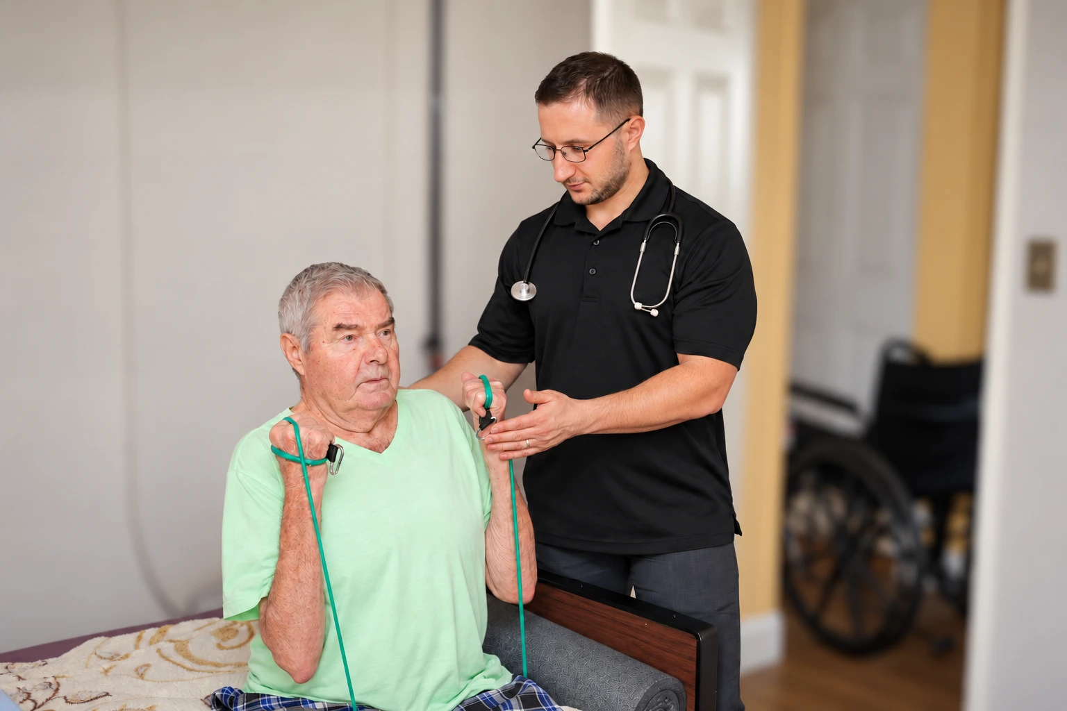 Dr. Lenny providing one-on-one guidance during a seated resistance-band exercise