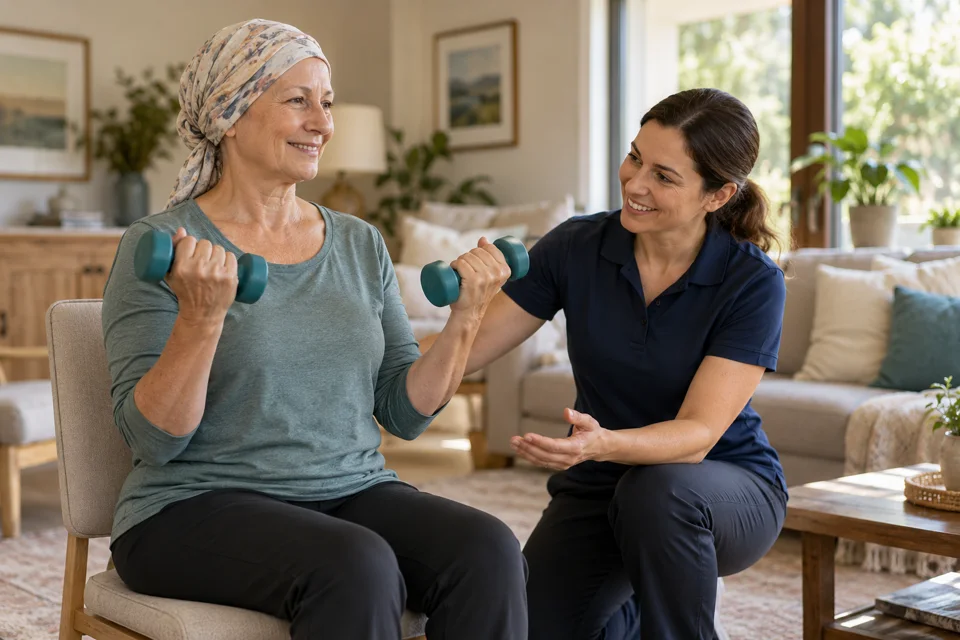 Illustration of gentle seated exercise during cancer rehabilitation