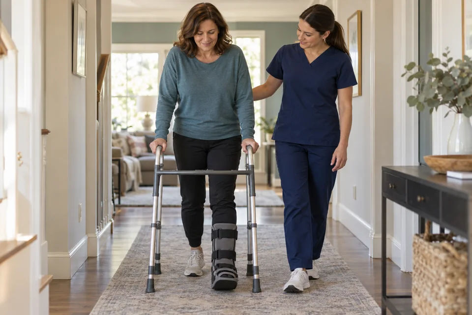 Illustration of supported walking with a walking boot during fracture recovery