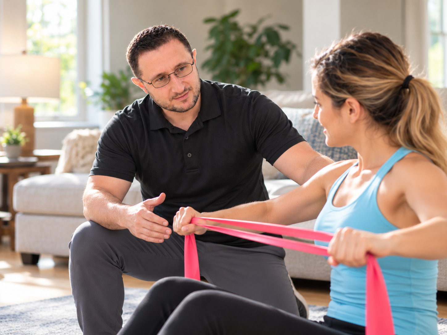 Dr. Lenny coaching a client through resistance-band exercise at home