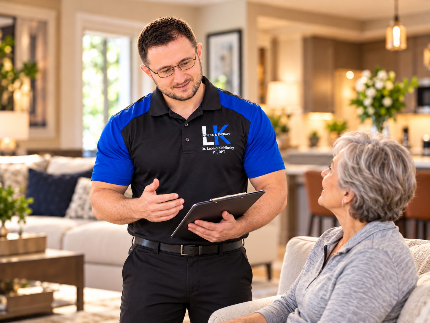 Dr. Lenny standing with a clipboard while discussing an in-home plan with a client