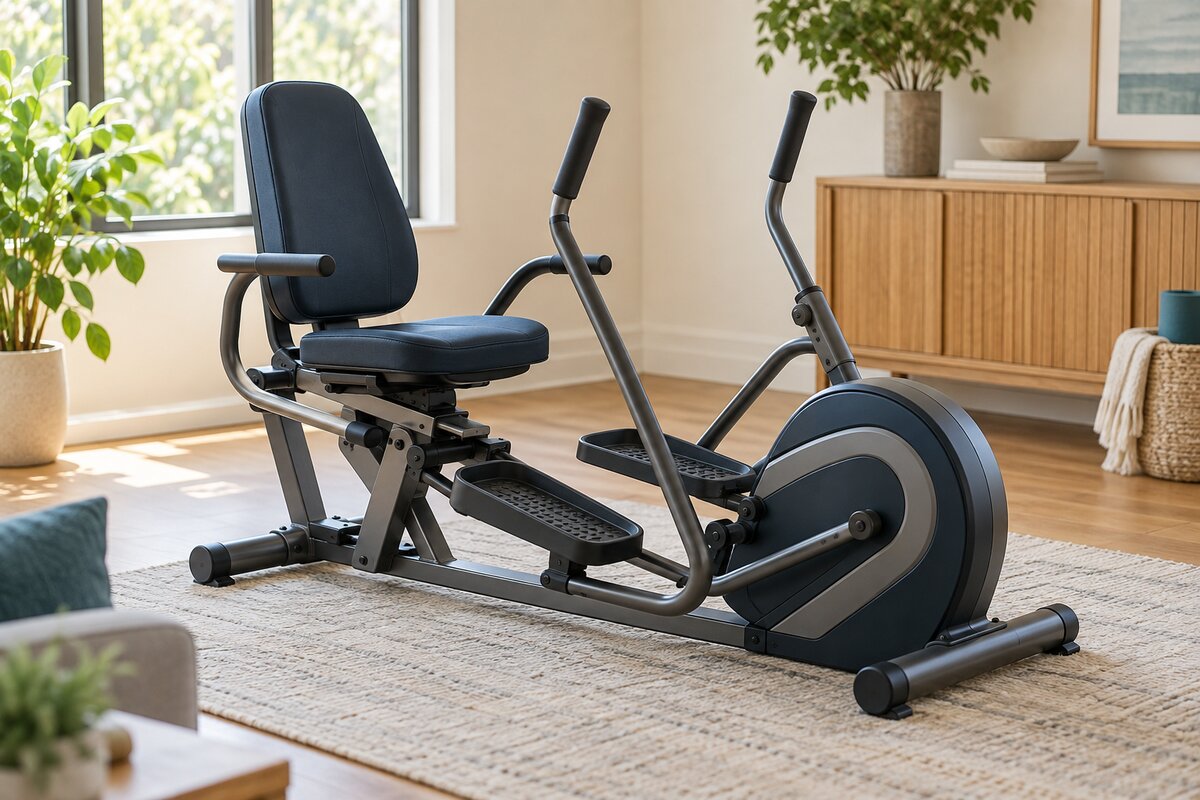 Realistic editorial illustration of seated home cardio