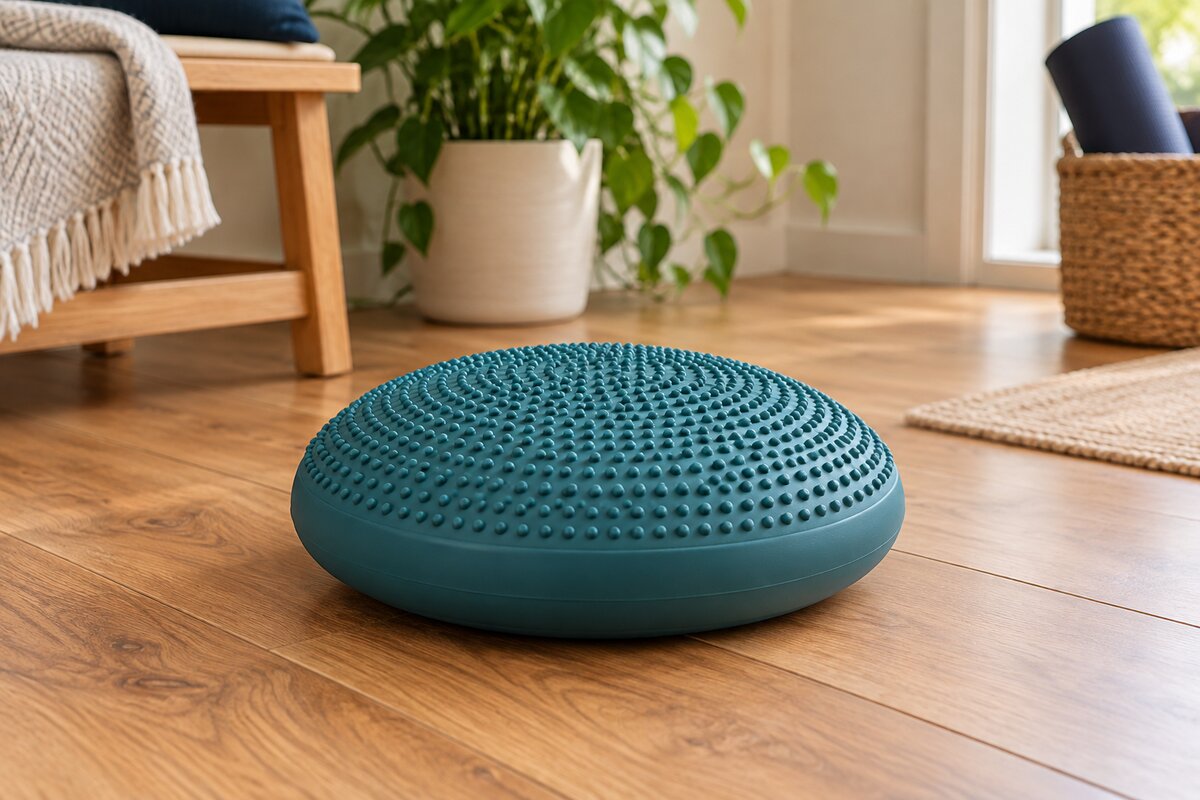 Realistic editorial illustration of an adjustable balance disc