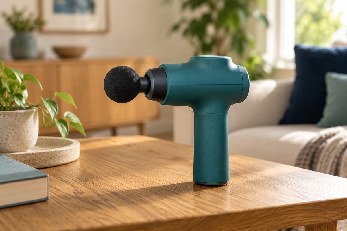 Realistic editorial illustration of a simple massage gun