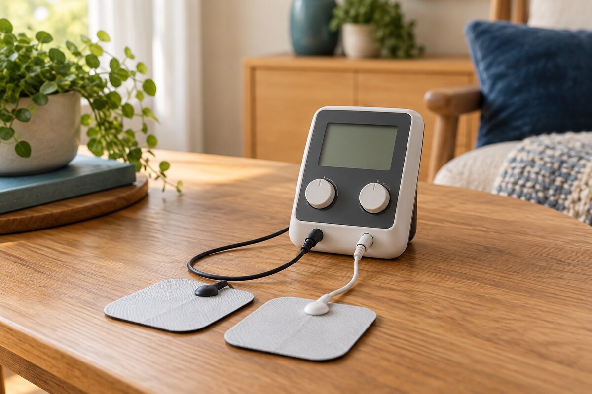 Realistic editorial illustration of tens pain-relief device