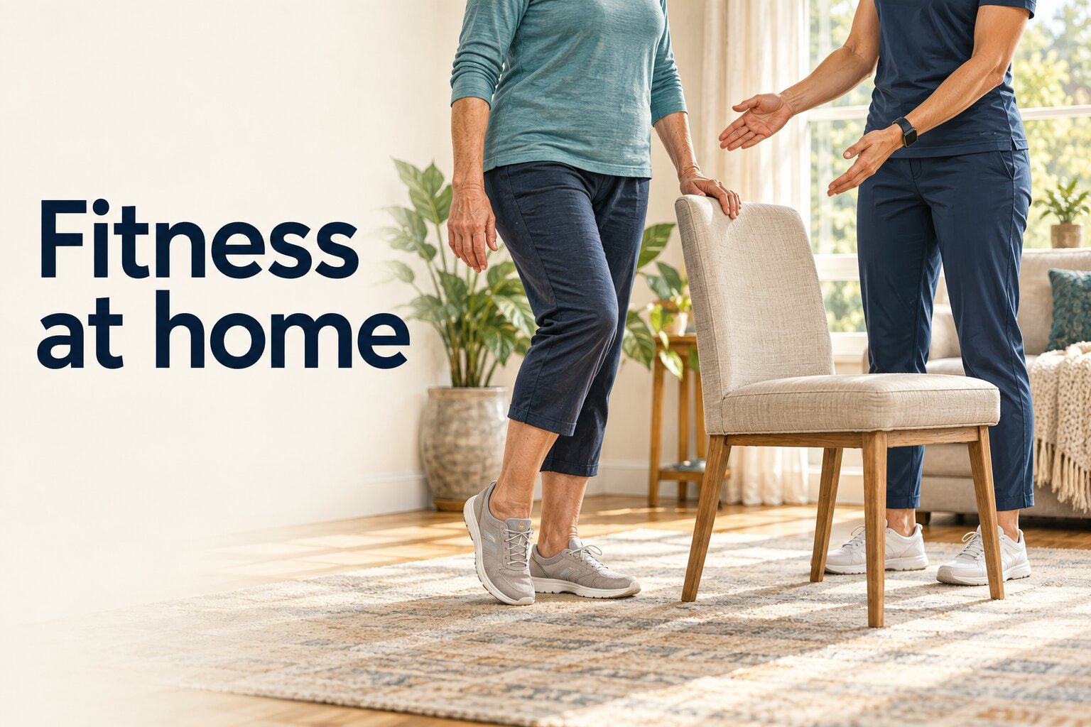Editorial illustration of supervised fitness at home beside a supportive chair