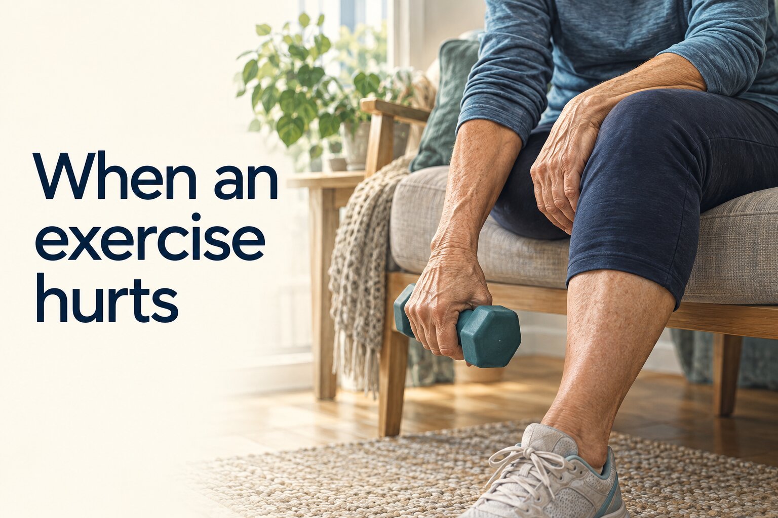 Editorial image of an older adult pausing a seated dumbbell exercise, titled When an exercise hurts.