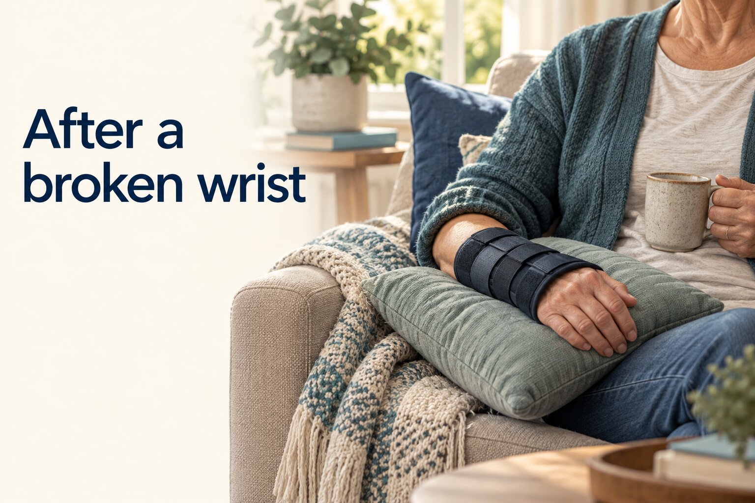 Editorial image of an older adult resting a splinted wrist on a cushion, titled After a broken wrist.